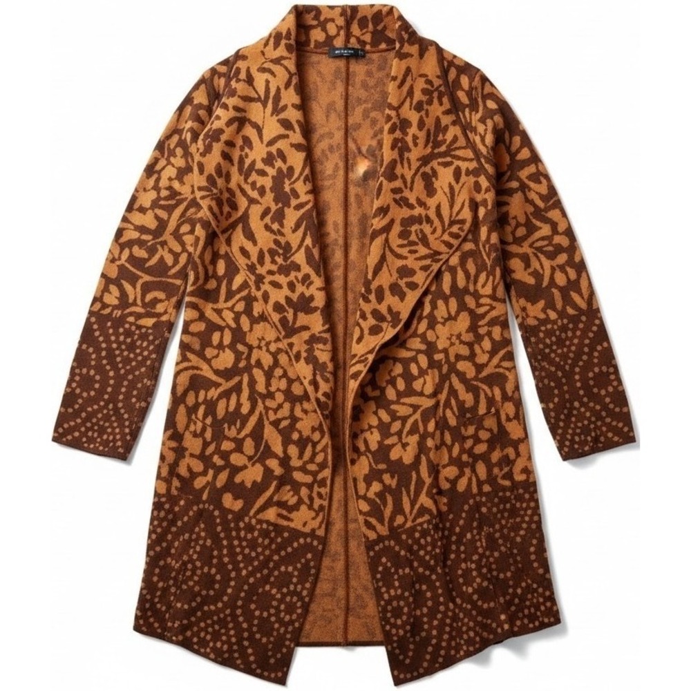 Isaac Mizrahi Live Womens‎ XXS Sweater Duster Brown Floral Open Front Cardigan